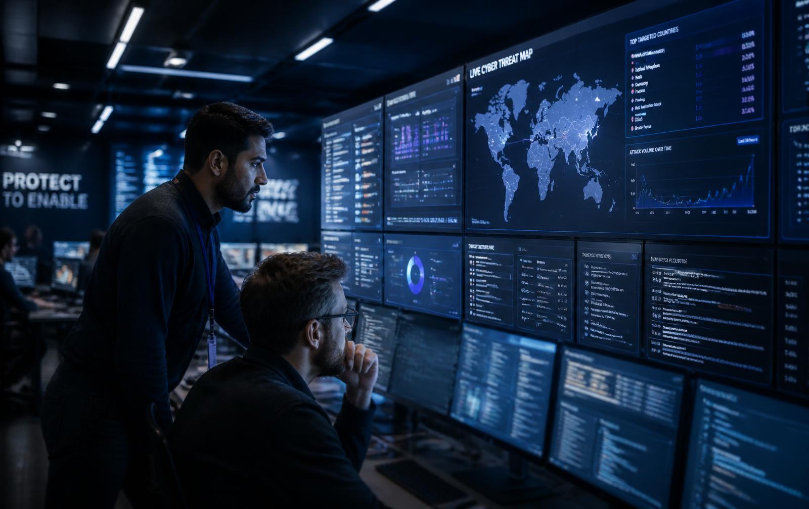 UK enterprise Security Operations Centre analysts monitoring live threat intelligence