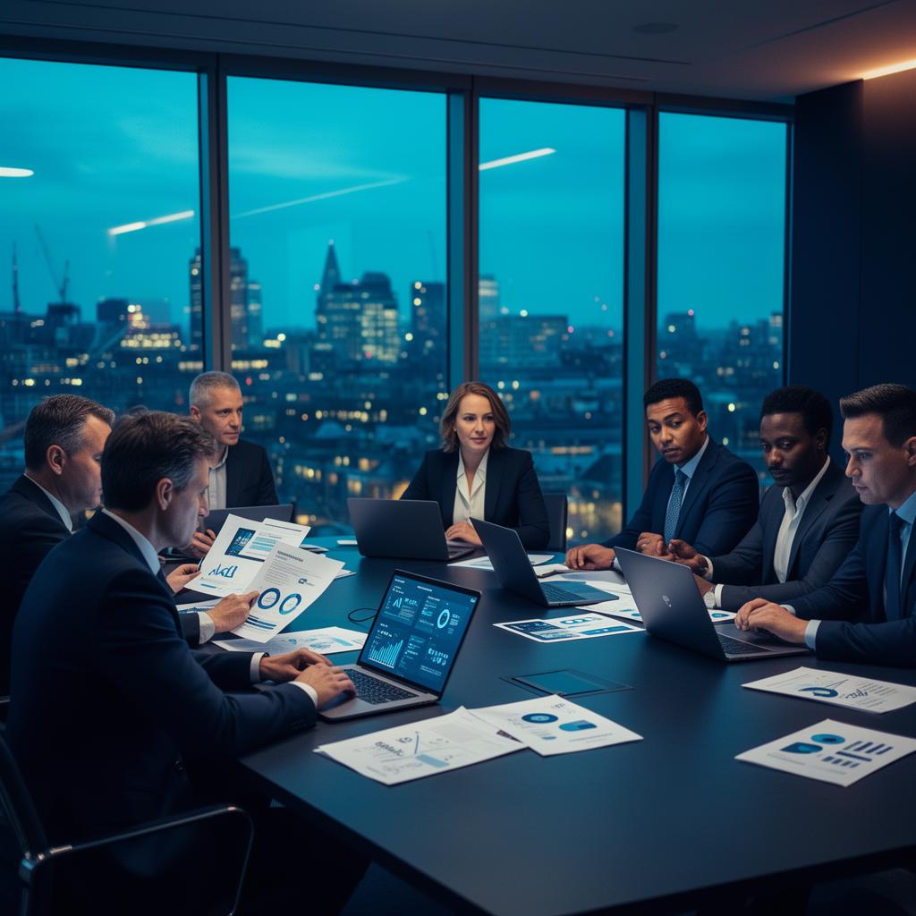 A UK leadership team reviewing AI adoption decisions in a modern boardroom with city-light reflections