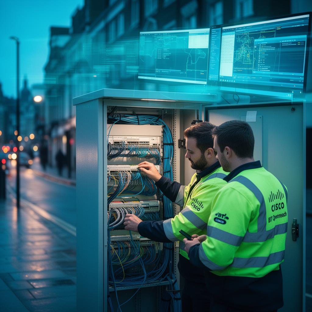UK fibre engineers and a network operations team monitoring resilient business connectivity across a city skyline