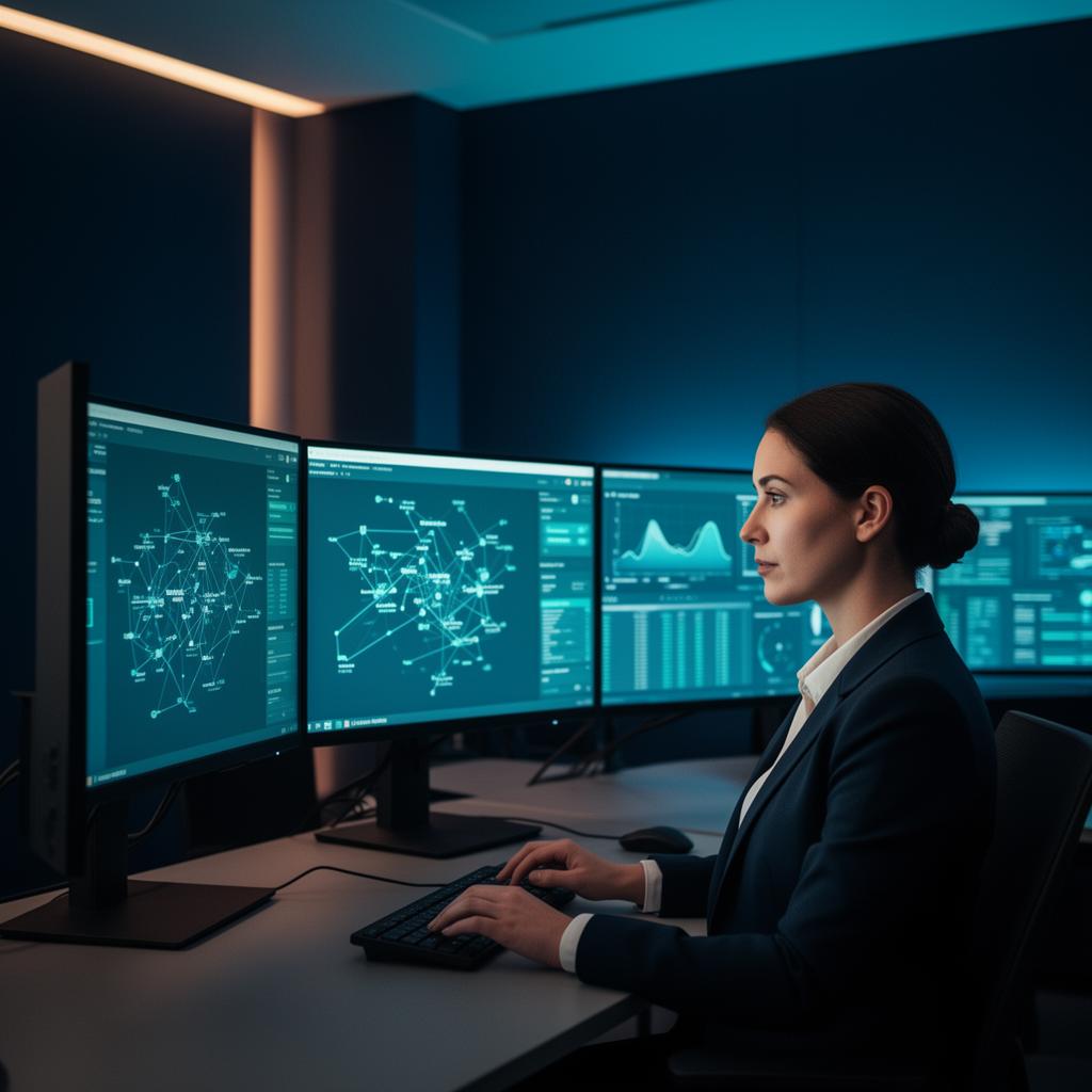 A UK security analyst reviewing endpoint configuration dashboards on multiple monitors in a calm SOC environment