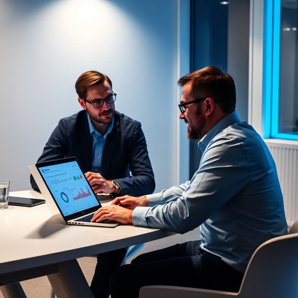 UK cyber security consultant reviewing a Microsoft Secure Score-style dashboard with an SME business owner