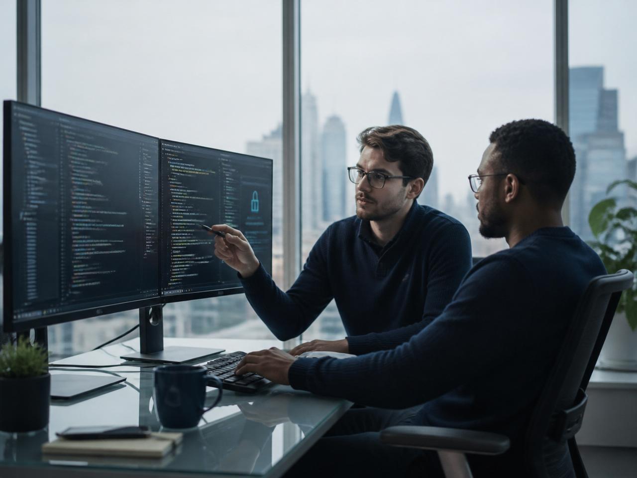 UK developer pair reviewing a secure code dashboard on dual monitors in a modern office