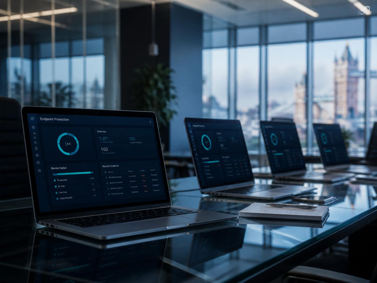 Fleet of laptops on glass desks showing endpoint protection dashboards