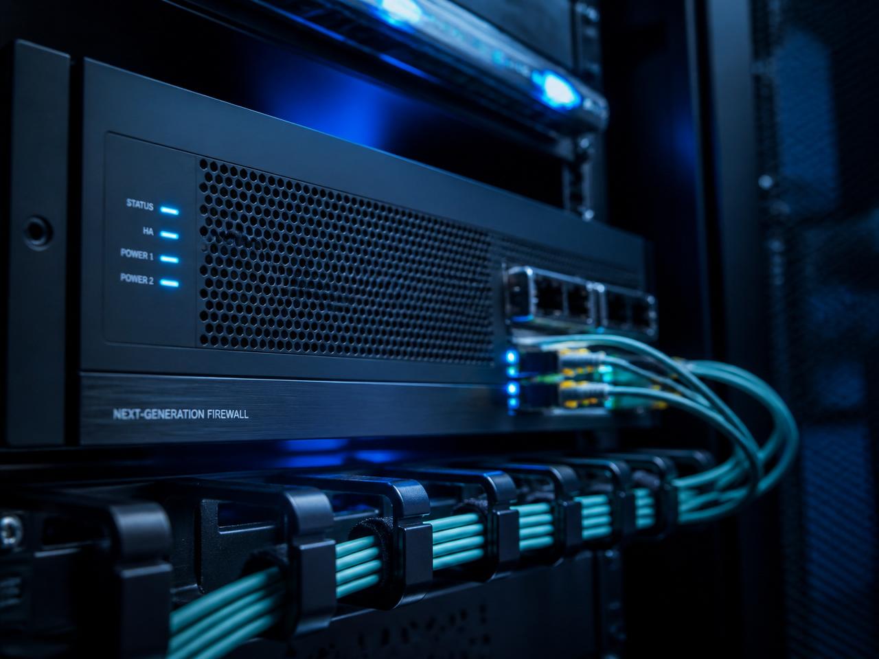 Rack-mounted next-gen firewall with fibre patch cables in a UK datacentre
