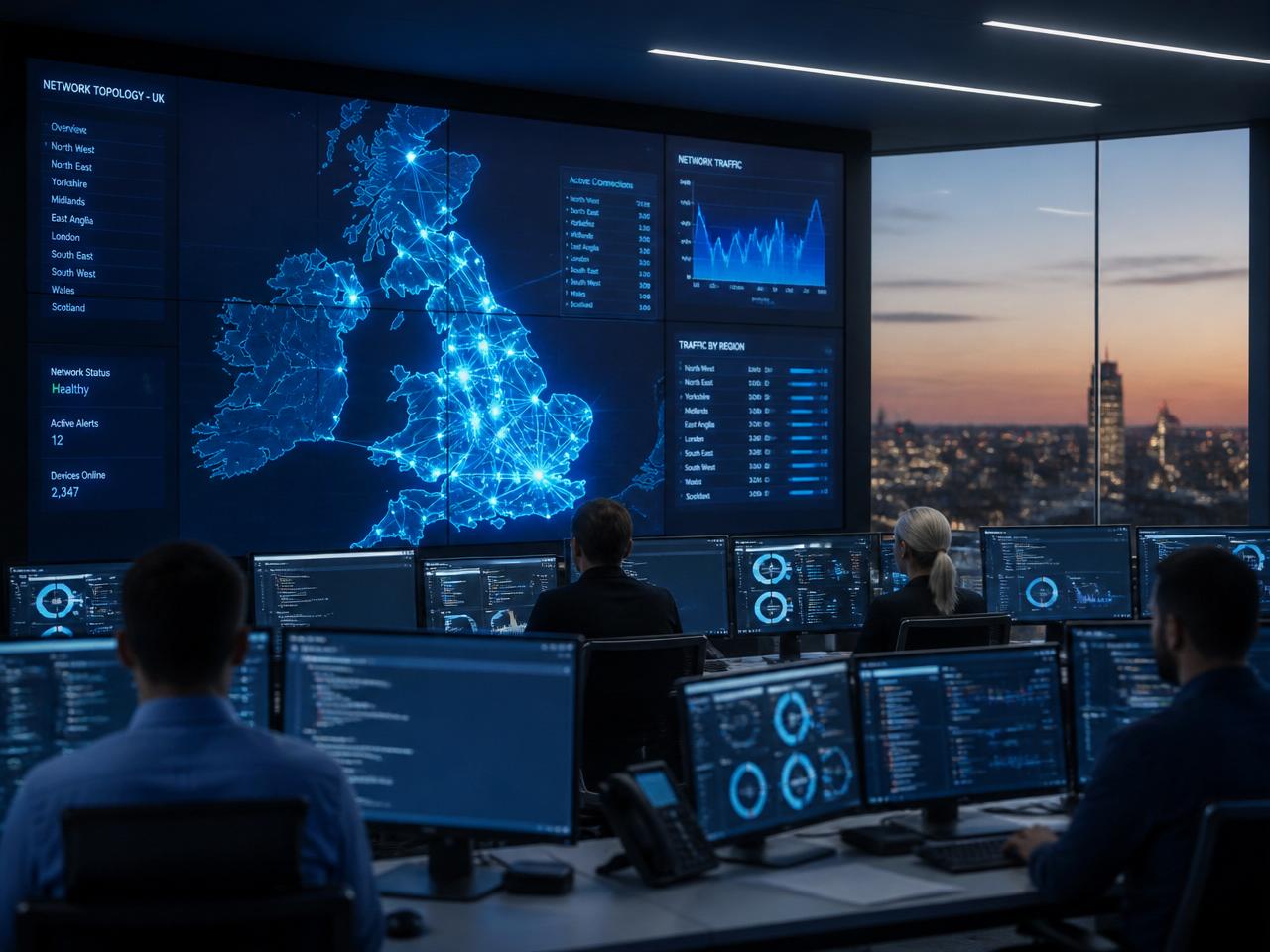 UK network operations centre at dusk with a video wall showing network topology