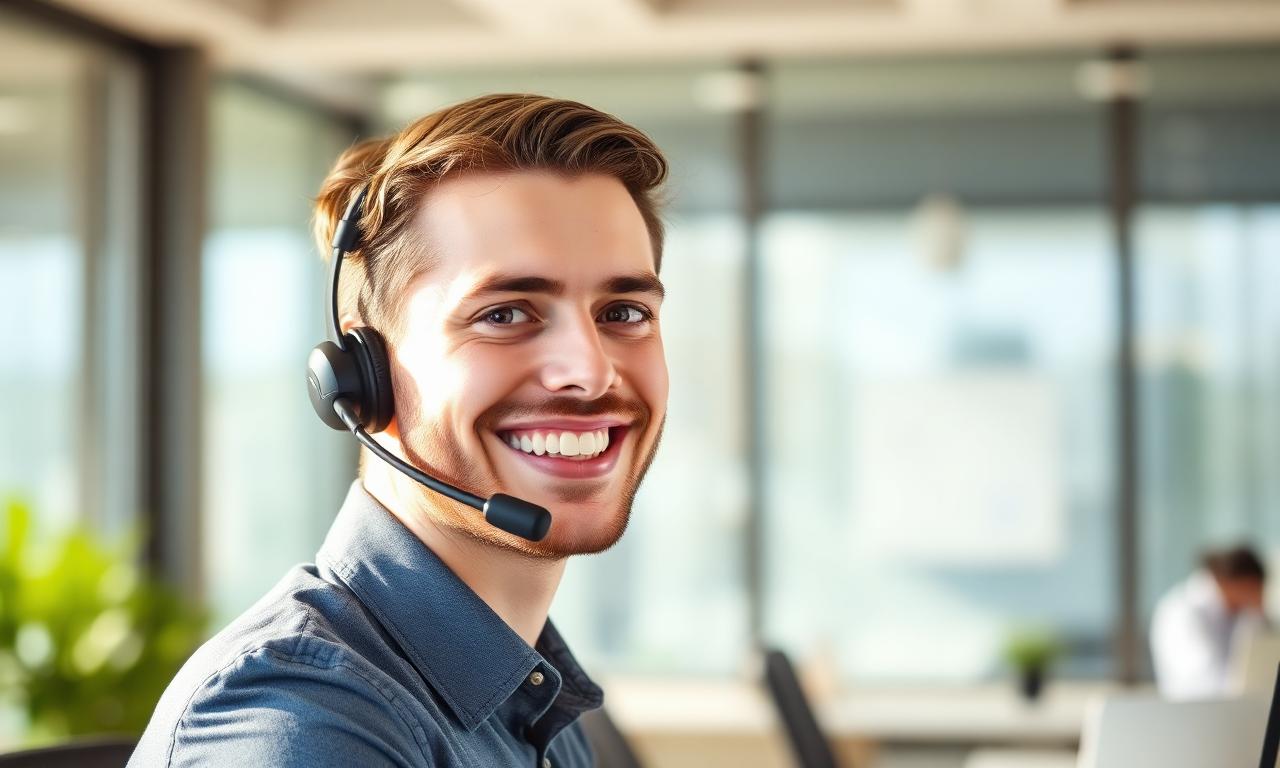 UK customer service professional smiling on a headset