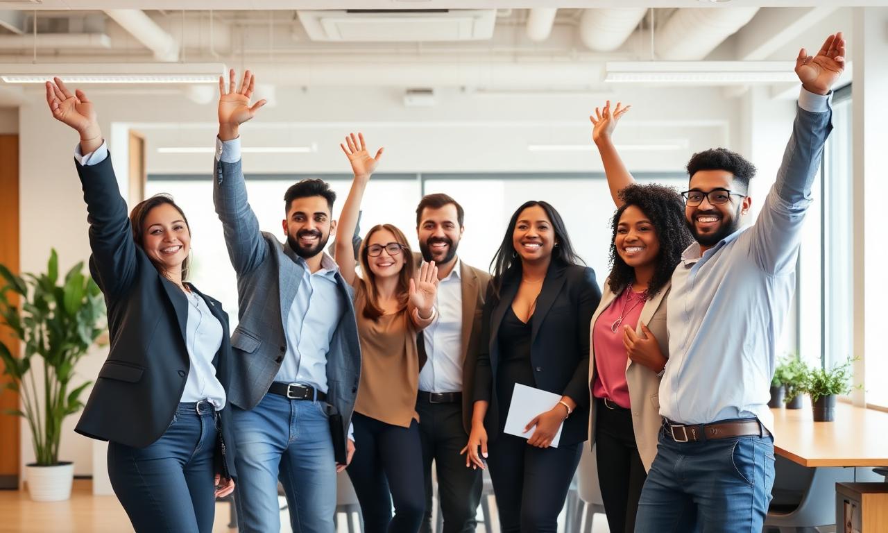 Happy business team celebrating in a modern UK office