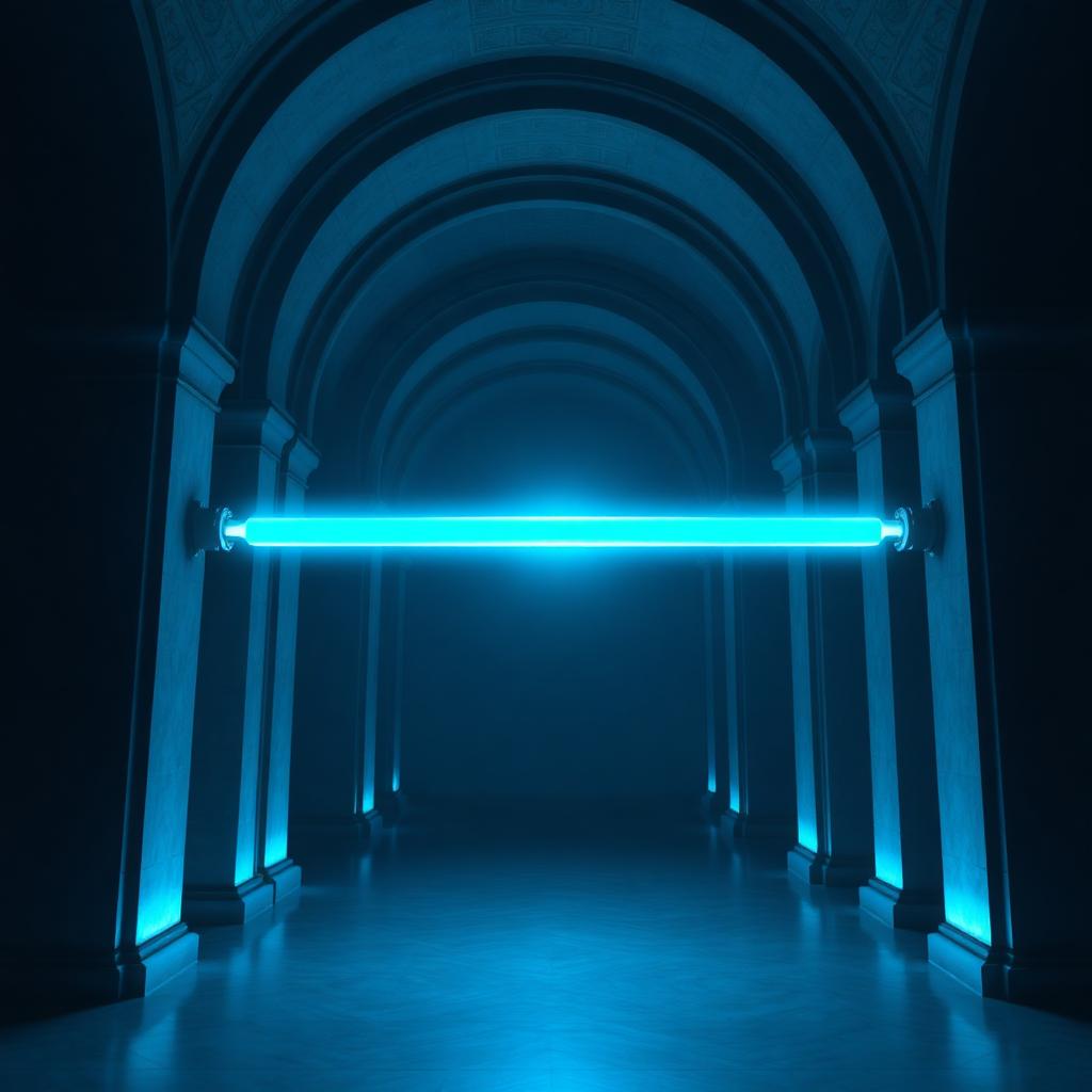 Cyan baton of light passing between two architectural arches