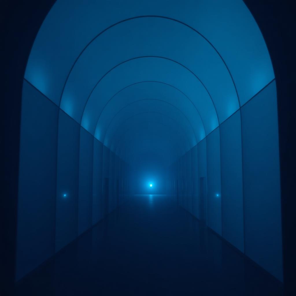 Calm corridor of frosted arches lit by a cyan light at the end