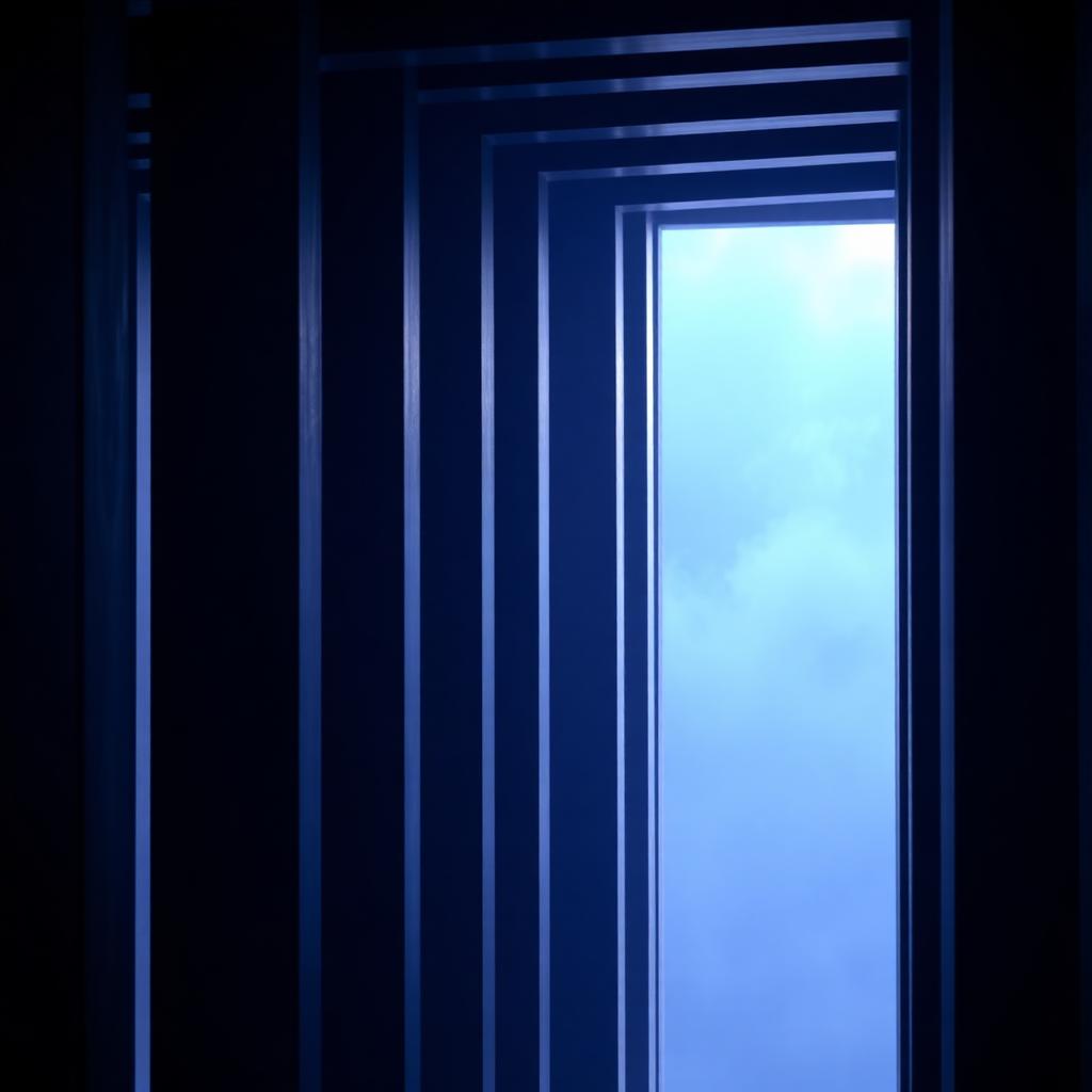 Architectural lattice of navy beams catching cyan rim light