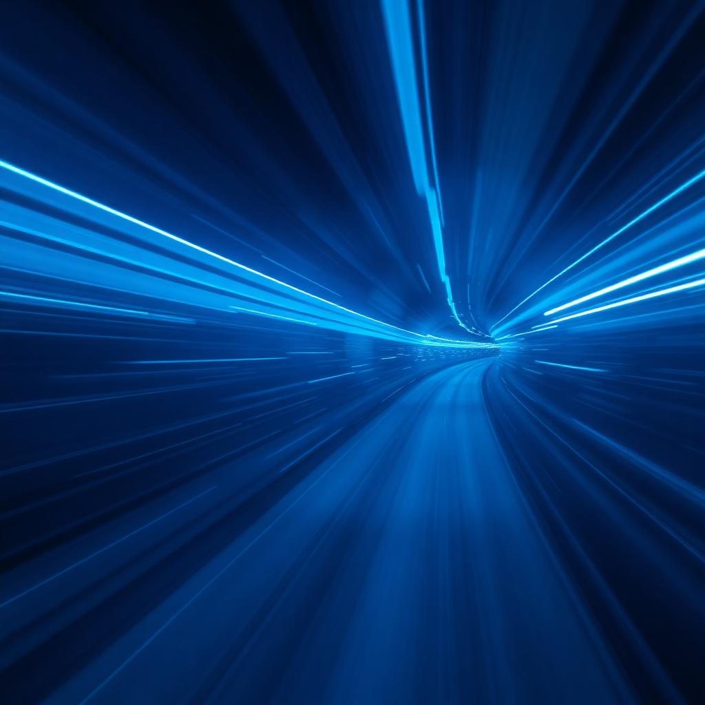 Long-exposure cyan light trails sweeping through a deep navy fibre corridor