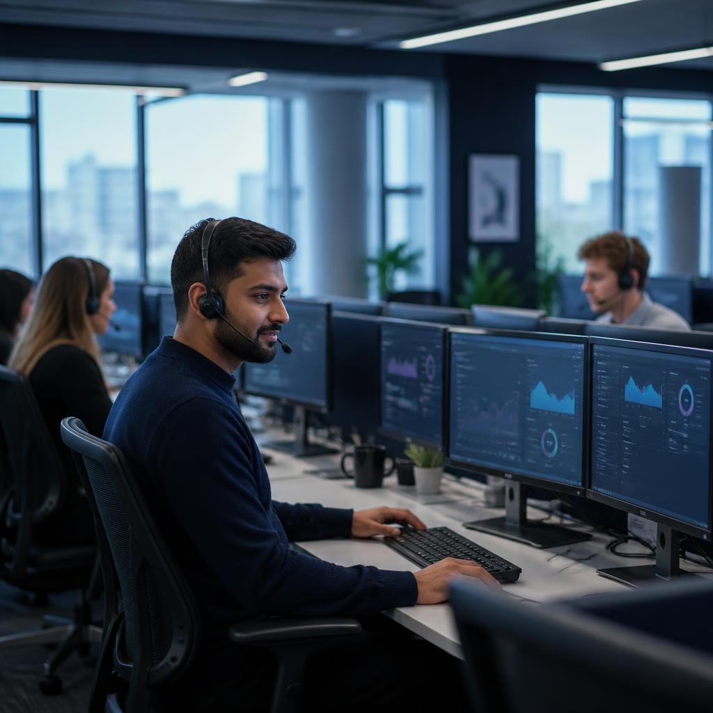 Contact centre advisors wearing headsets at desks with queue dashboards in a modern UK office