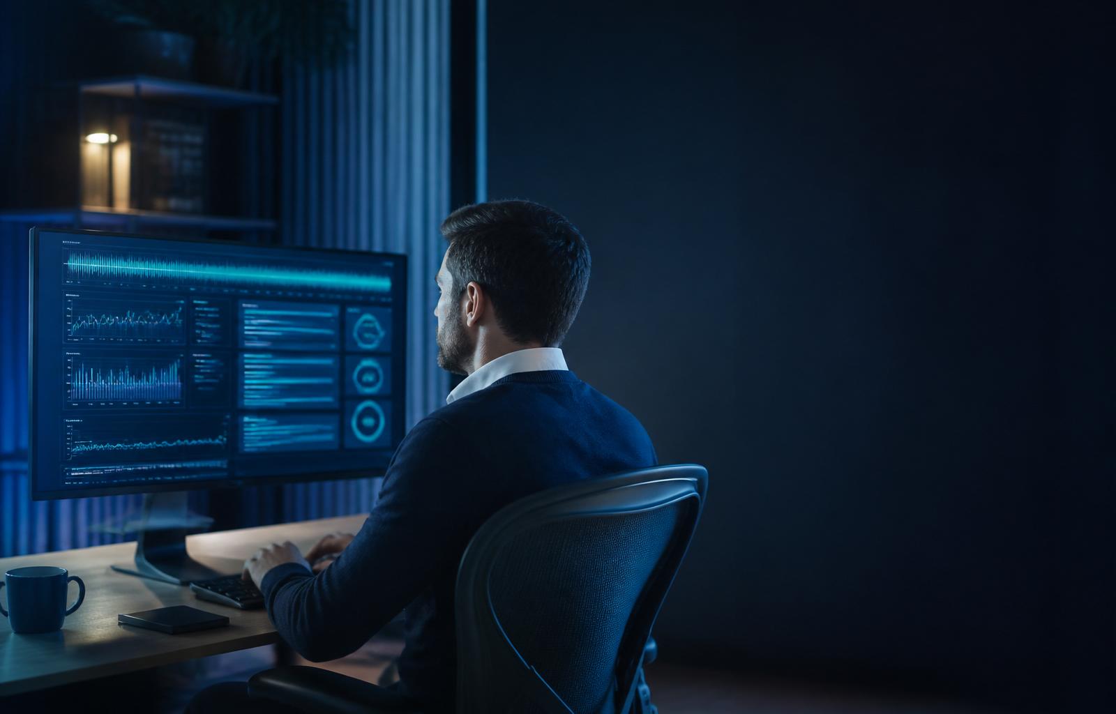 UK customer experience analyst reviewing a conversation intelligence dashboard with sentiment timelines and coaching scorecards