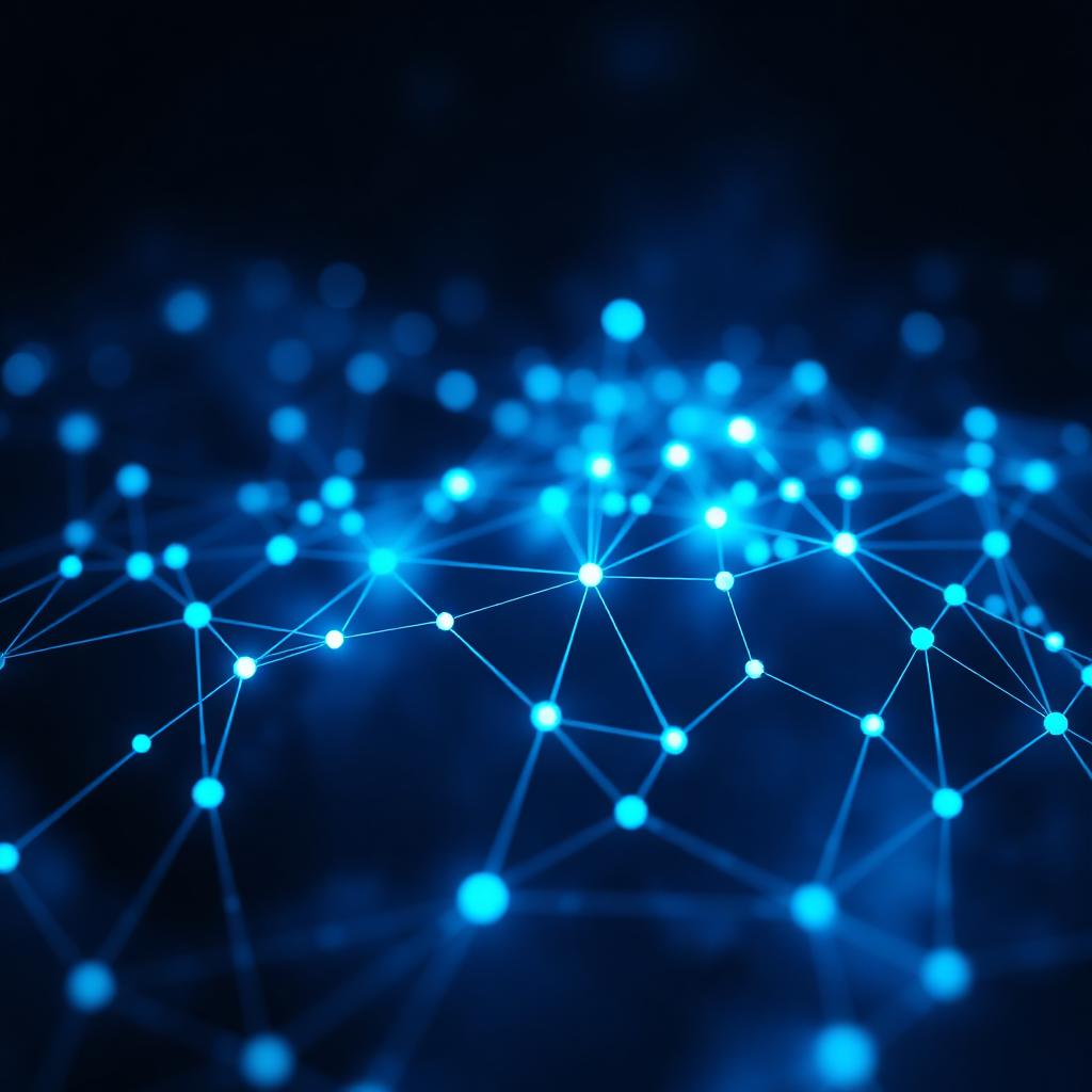 Interconnected luminous cyan nodes forming a soft graph
