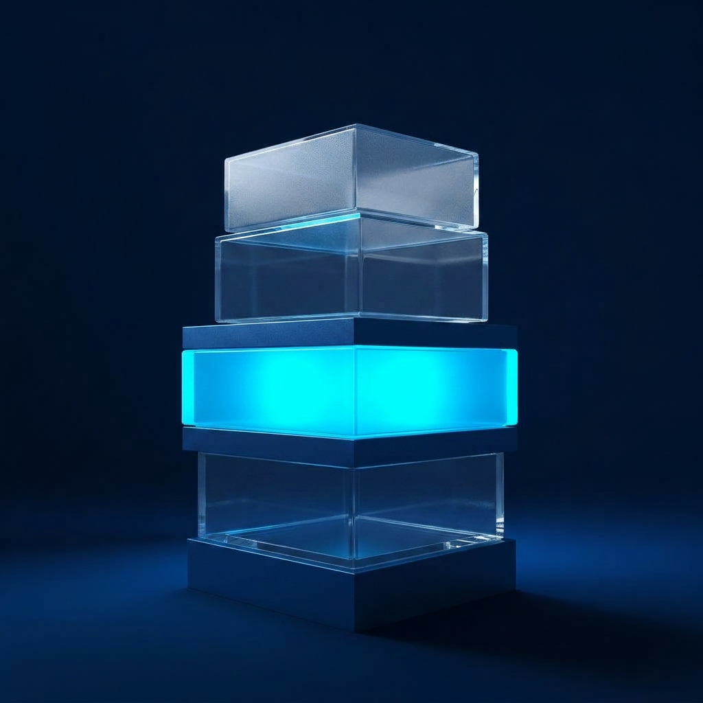Stacked frosted glass cubes glowing from within with cyan light
