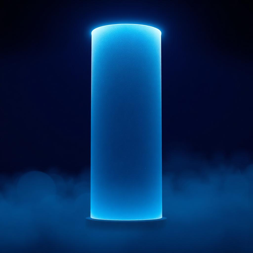 A calm cyan beacon column rising through deep navy haze