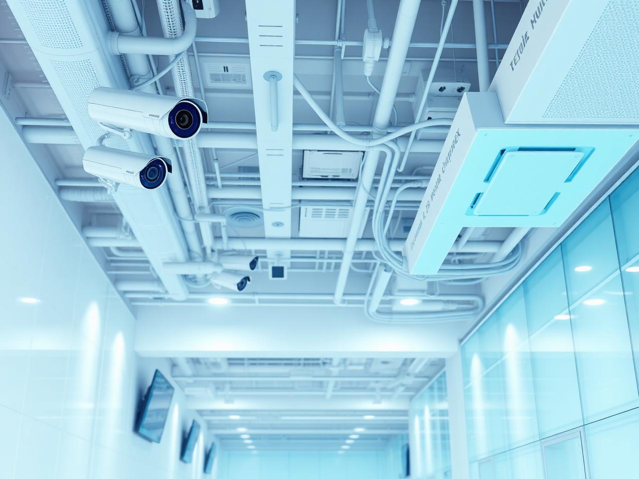 Modern UK commercial building with CCTV, structured cabling, Wi-Fi access points and AV displays