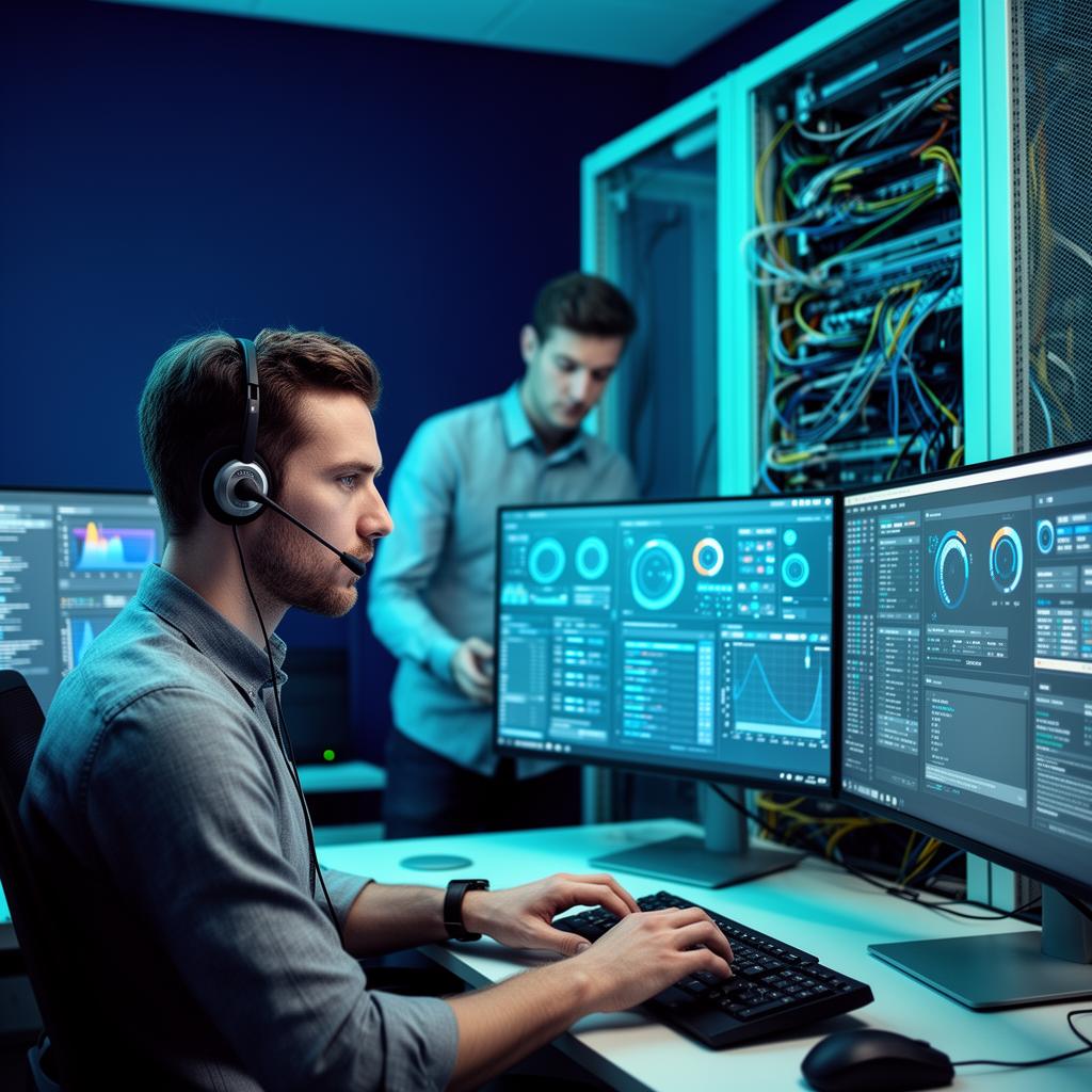 A UK managed IT team delivering proactive support to client offices, with monitoring dashboards and engineers on calls
