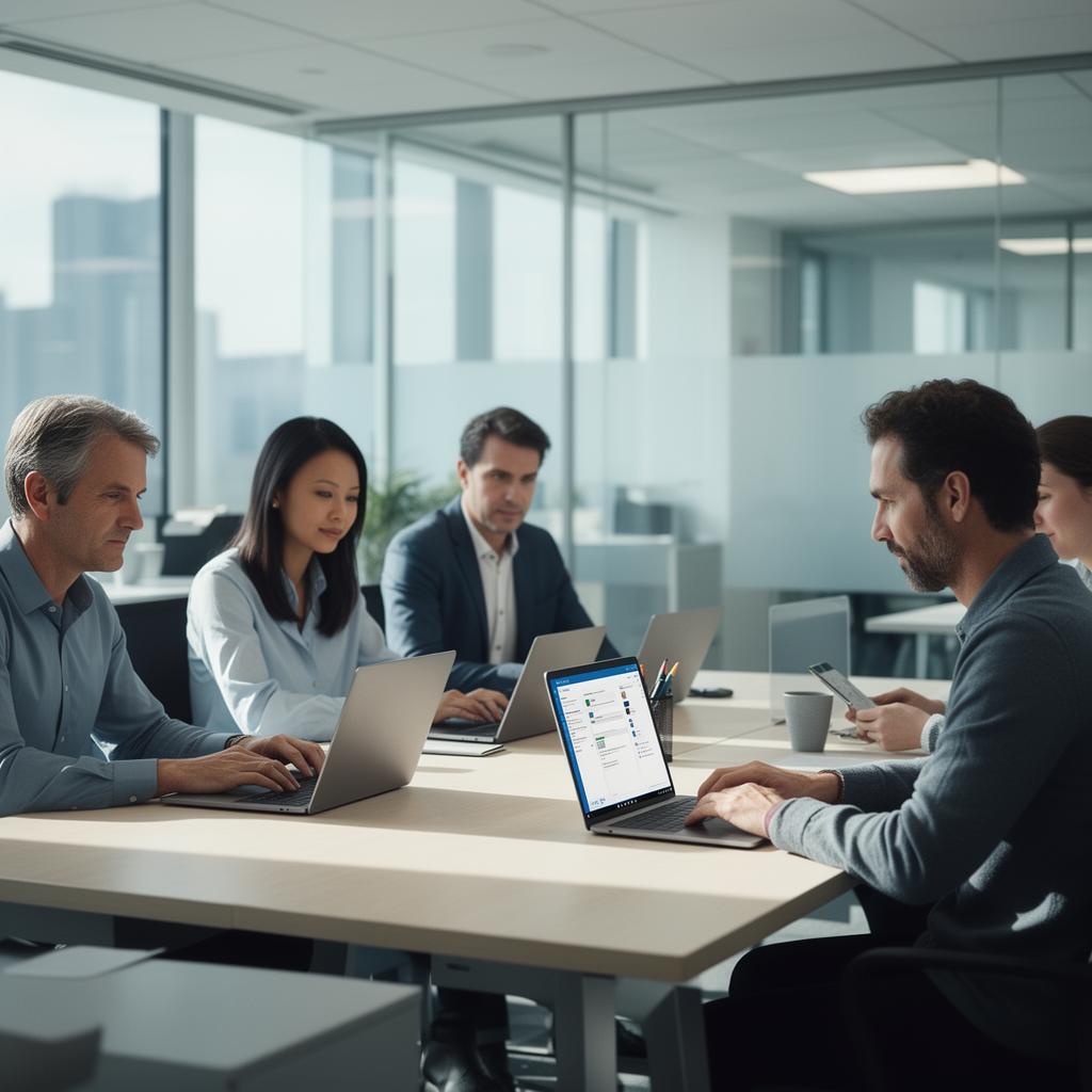 Knowledge workers using Microsoft 365 Copilot on laptops in a daylit UK office, focused and collaborative
