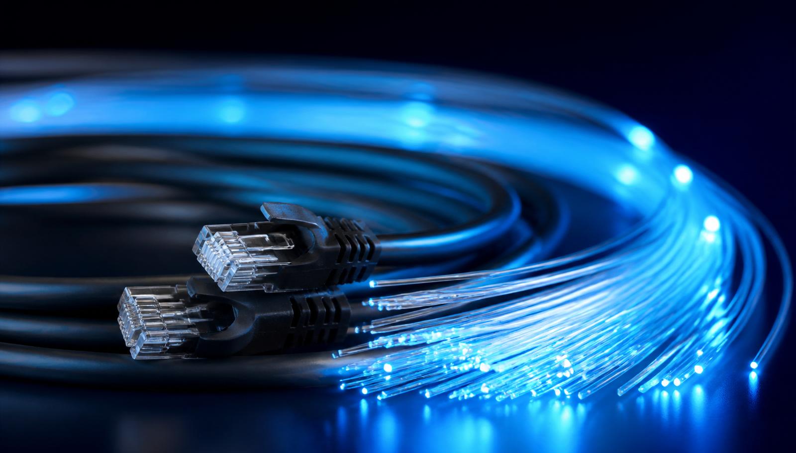 Comparison of DSL, fibre and ethernet routers on a network rack
