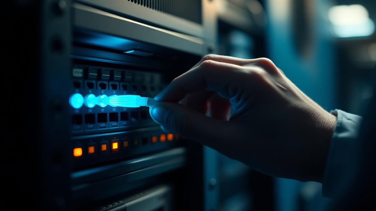Engineer terminating a dedicated leased-line fibre connection at an NTU