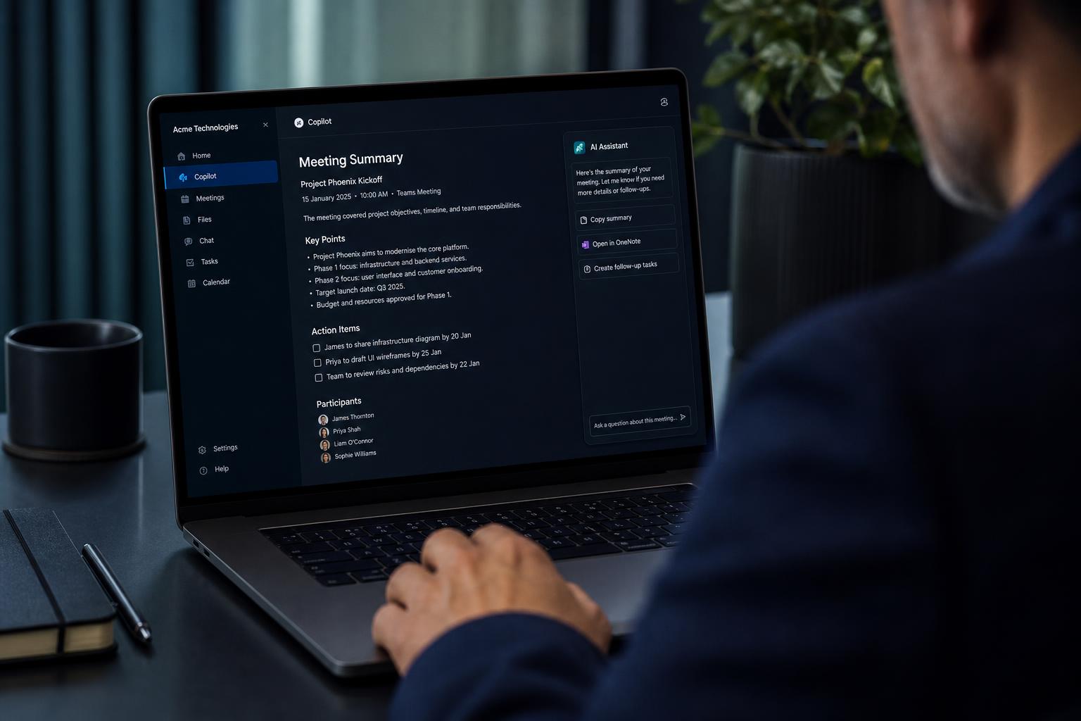 A close crop of a laptop showing an AI-generated meeting summary in a clean modern interface
