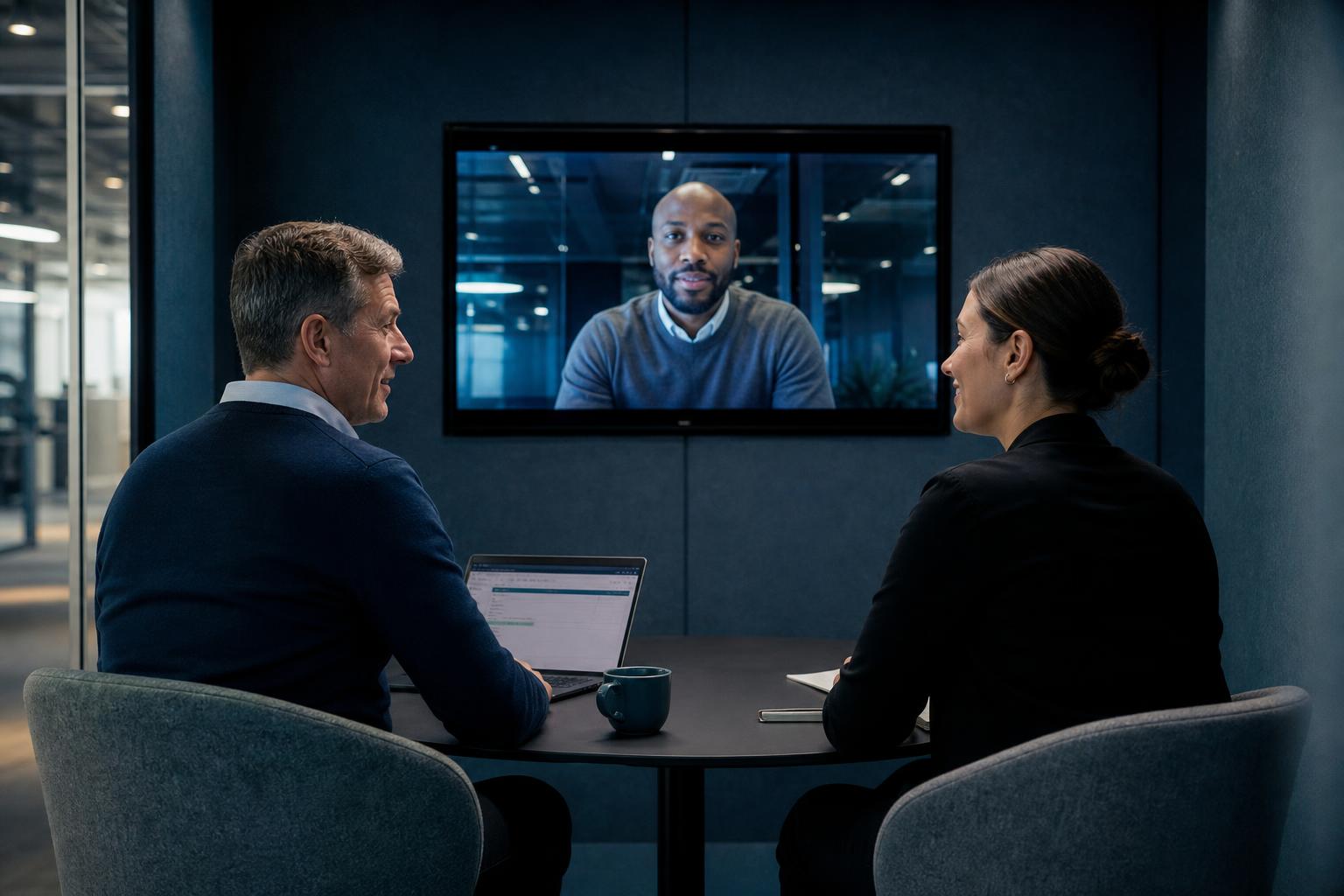 Two colleagues in a soft-lit meeting pod with a remote teammate joining on a video display