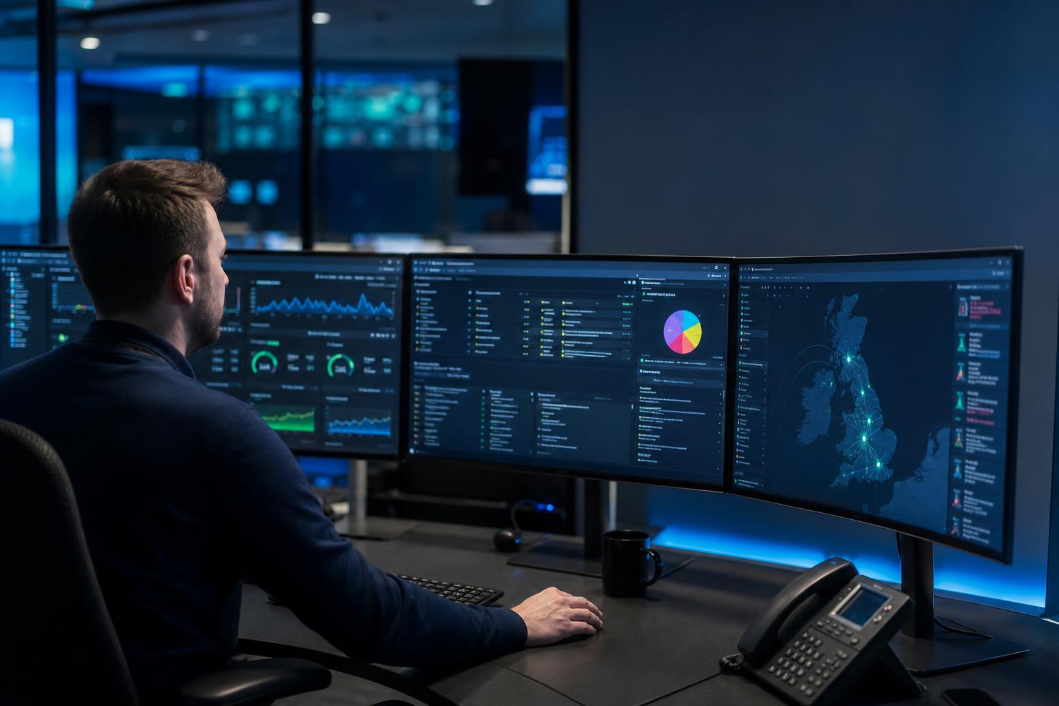 UK network operations engineer monitoring uptime, ticket queues and a UK node map across three displays