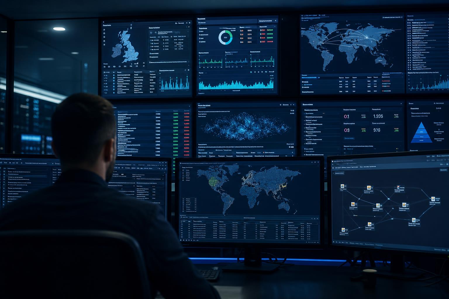 Security analyst reviewing threat intelligence dashboards in a dim UK security operations centre