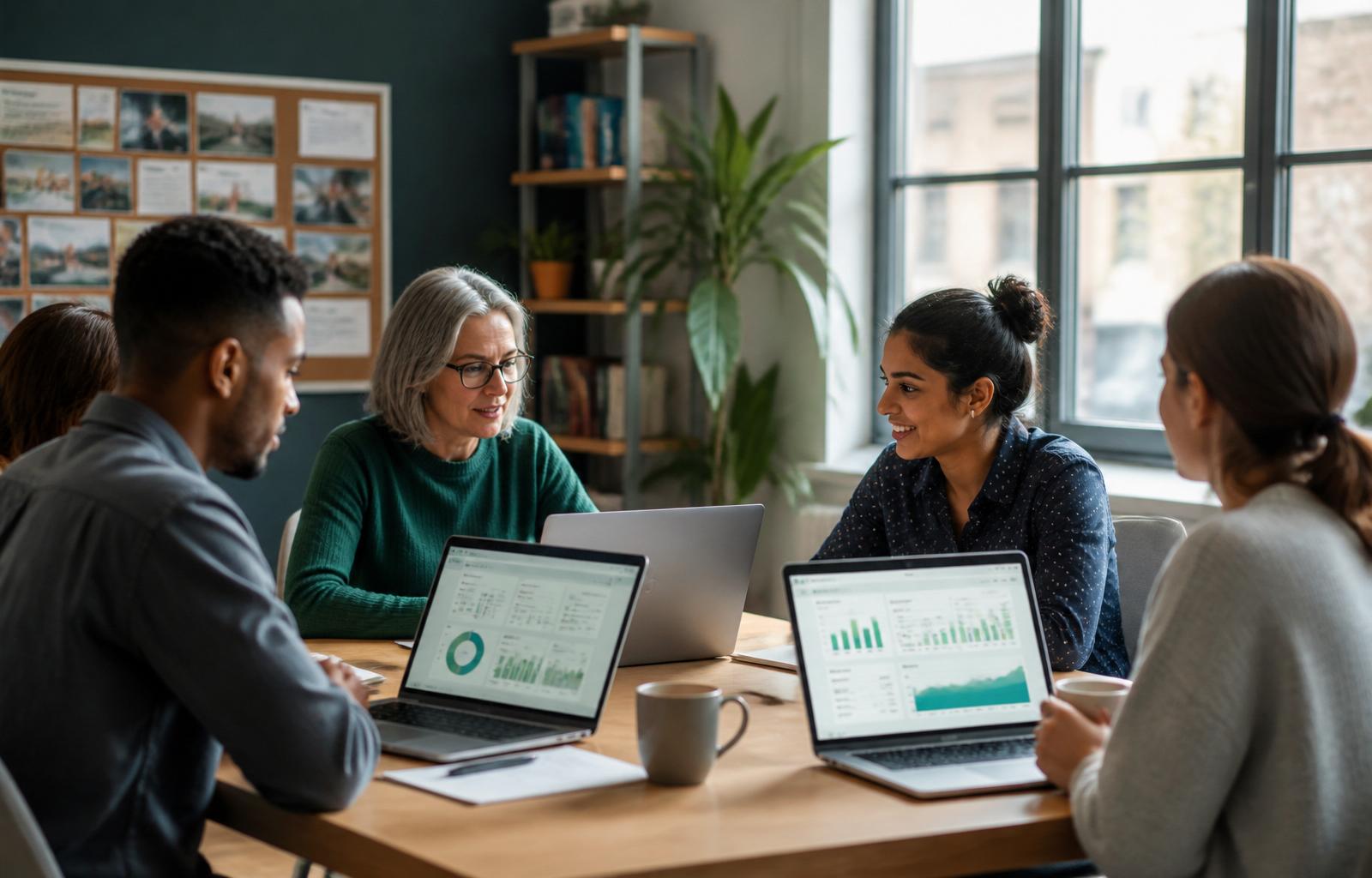Charity team collaborating around laptops in a modern UK office