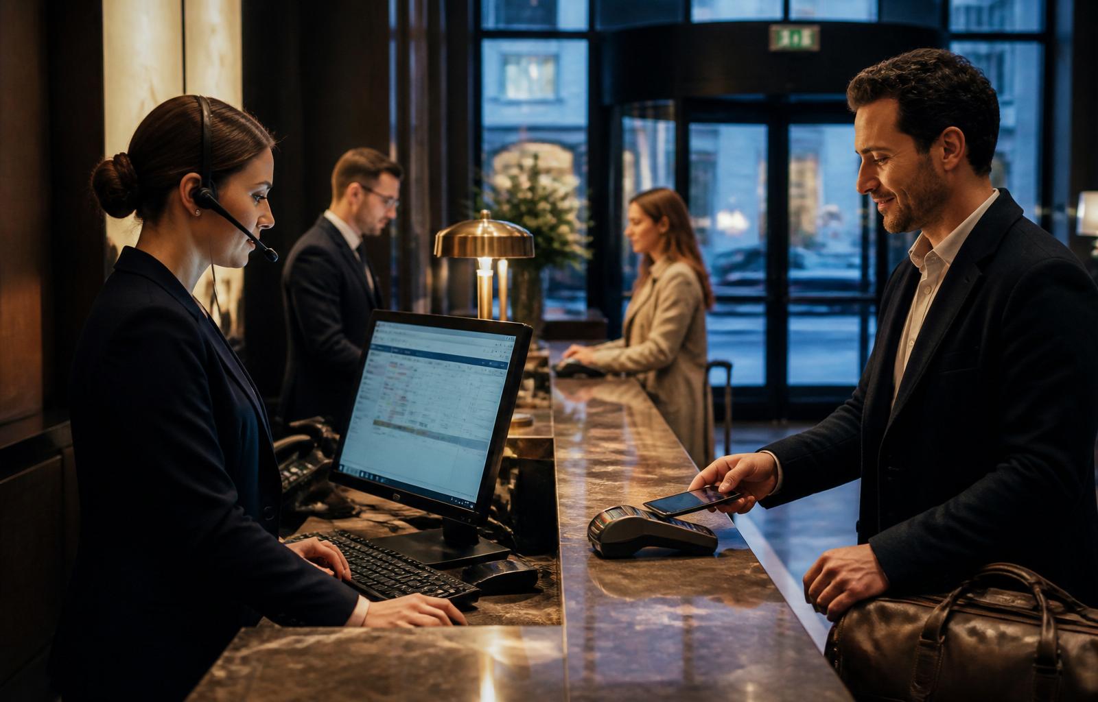 Receptionist greeting a guest in a stylish UK boutique hotel lobby