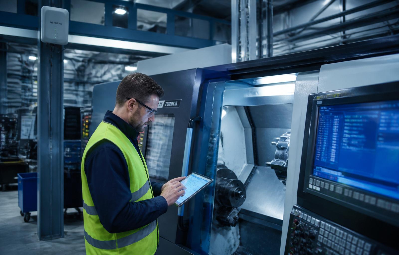 Engineer using a tablet next to an automated UK manufacturing line