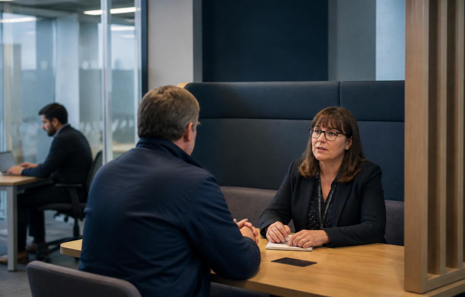 Modern UK public sector office with staff working at contemporary desks